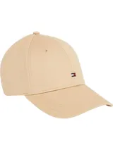 Gorra de béisbol de color beige claro, confeccionada en algodón, con visera curva y logo rectangular de Tommy Hilfiger bordado en el frente.
