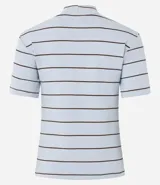 Top de manga corta y cuello redondo alto, confeccionado en tejido rib de algodón, poliéster y elastano, con estampado de rayas horizontales finas en azul marino sobre fondo crudo.