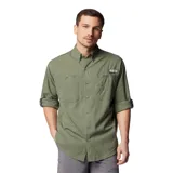 Camisa de manga larga color verde oliva, marca Columbia, modelo Tamiami II. Confeccionada en tejido ripstop con tecnología Omni-Wick de secado rápido y Omni-Shade UPF 40 de protección solar. Cuenta con cuello abotonado, dos bolsillos frontales con cierre de velcro, mangas enrollables con trabilla, aberturas de ventilación en la espalda y soporte para caña de pescar.