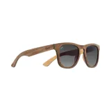 Lentes de sol con montura de madera color marrón y lentes grises.