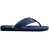 Ojotas Havaianas de goma color azul con plantilla verde y tiras con diseño degradado.