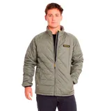 Campera acolchada color bordó con cierre frontal, cuello alto y logo de Caterpillar en el pecho.