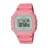 Reloj digital Casio con caja de resina rosa, pantalla digital con funciones de alarma, cronómetro, calendario y luz LED. Resistente al agua hasta 50 metros.