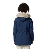 Campera azul con capucha con borde de piel sintética, cierre frontal con cremallera y broches, bolsillos con cremallera en el pecho y laterales, puños acanalados y forro térmico reflectante dorado.