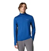 Polera de hombre Columbia Three Pitch Half Zip, color azul con paneles laterales en azul oscuro. Confeccionada en tejido Omni-Wick™ que absorbe la humedad y costuras unidas para mayor comodidad. Cuenta con media cremallera en el cuello, orificios para los pulgares en los puños y detalles reflectantes.