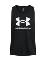 Musculosa deportiva Under Armour negra con logo blanco estampado en el pecho. Tejido ligero, suave y de secado rápido.