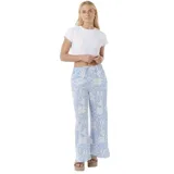 Pantalón celeste con estampado de flores blancas, de corte palazzo y cintura elástica.