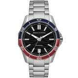 Reloj de acero inoxidable color plata con esfera negra y detalles en rojo y azul, resistente al agua hasta 100 metros.