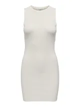 Vestido corto de punto plano color blanco, sin mangas y con cuello redondo.