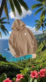 Hoodie color marrón con estampado en la espalda que dice "Glassy Waves Company" con un sol en el medio.