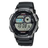 Reloj digital Casio AE1000W-1BVDF con caja plateada y correa de resina negra. Cuenta con hora mundial, 5 alarmas, cronómetro, temporizador y batería de larga duración.