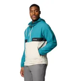 Cortaviento Columbia Spire Valley Hooded para hombre, color azul con bloques de color beige y negro. Confeccionado en nylon resistente al agua y a las manchas, con capucha ajustable, bolsillos con cremallera y puños elásticos.