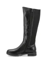 Bota de cuero marrón con elásticos laterales, caña alta y suela track.