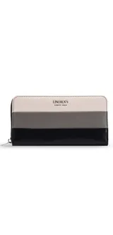 Billetera rectangular con cierre de cremallera, confeccionada en símil cuero con franjas horizontales en tonos blanco, gris y negro.