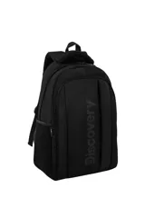 Mochila negra con diseño moderno y minimalista, con el logo vertical de la marca "Discovery" en el frente. Presenta correas acolchadas y asa superior.