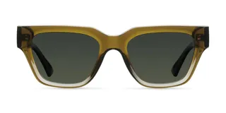 Lentes de sol cuadrados de color ocre con lentes verdes polarizados, diseñados para equilibrio entre comodidad y durabilidad.
