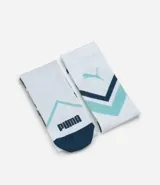 Medias deportivas Puma de caña alta, color blanco con detalles en azul y negro. Diseño con compresión y estampado geométrico.