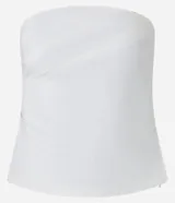 Blusa blanca sin breteles, confeccionada en bengalina con drapeados laterales.