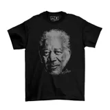 Remera negra de algodón con estampado de la cara de Morgan Freeman en escala de grises.