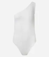 Body básico color durazno, con escote asimétrico y un solo hombro. Confeccionado en microfibra de poliamida y elastano.