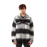 Campera de hombre de mezcla de lana, con diseño a cuadros en blanco y negro, bolsillos frontales y cierre superior.