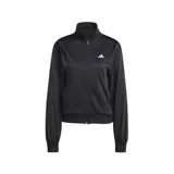 Conjunto deportivo Adidas Essentials Feel negro, compuesto por campera con cierre frontal, cuello alto y pantalón con cintura elástica y cordón ajustable. Ambos con bolsillos frontales y puños acanalados.