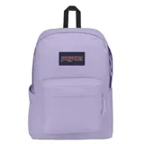 Mochila Jansport Superbreak Plus color lila con logo de la marca en el frente.