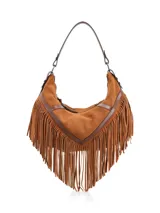 Bolso bandolera marrón de gamuza con flecos largos y detalles en cuero liso.
