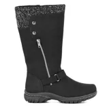 Bota de caña alta color marrón, con cierre lateral y detalle de tejido en la parte superior, diseñada para brindar comodidad y soporte.