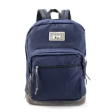 Mochila negra de tela Oxford con base de nobuk color marrón, dos bolsillos frontales con cierre y tiradores de cuero. Correas de hombro acolchadas.