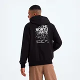 Hoodie negro con capucha y cordones ajustables. Estampado en la espalda con el logo de The North Face y diseño de montaña. Bolsillos laterales y corte regular.