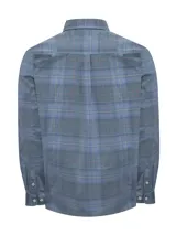 Camisa de franela de algodón orgánico a cuadros en tonos azul, gris y verde. Tiene cuello camisero, manga larga, un bolsillo en el pecho y cierre con botones.