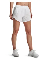 Short deportivo Under Armour Fly By Elite 3, color blanco, con cintura elástica, logo reflectivo y paneles laterales de malla.