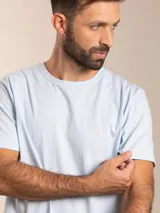 Remera color crema de algodón con cuello redondo y manga corta. Tiene un pequeño bordado de un pájaro rojo en el pecho.