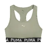 Top deportivo Puma color verde oliva con logo en el centro y banda elástica inferior con la marca Puma en negro y blanco.