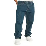 Pantalón de jean de corte recto, color azul oscuro, con cinco bolsillos y logo de CAT en la parte trasera.