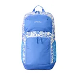 Mochila Rip Curl modelo Chaser de 33 litros, color azul celeste con estampado blanco de motivos florales y geométricos. Presenta un compartimento principal, un bolsillo frontal con cierre y bolsillos laterales de malla.