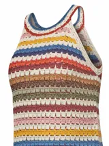 Remera sin mangas tejida a crochet con algodón orgánico, acrílico y lino orgánico. Diseño a rayas horizontales de colores.