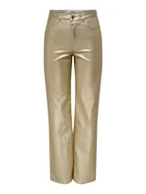 Pantalón dorado de twill con cintura alta y corte de pierna ancha. Cierre de botones y cremallera, con bolsillos delanteros y traseros, y pasadores para cinturón.