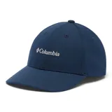 Gorra de béisbol azul marino de poliéster con logo de Columbia bordado en blanco en el frente.