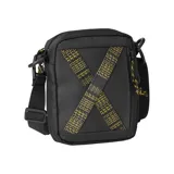 Bandolera negra con correa ajustable y detalles en amarillo.