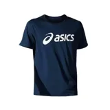 Remera deportiva azul marino de mangas cortas con logo Asics estampado en blanco en el pecho.