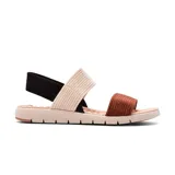 Sandalia casual con suela beige y tiras elásticas tejidas en color negro, beige y marrón.
