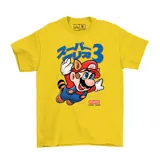Remera amarilla con estampado de Super Mario Bros. con traje de mapache y texto en japonés.