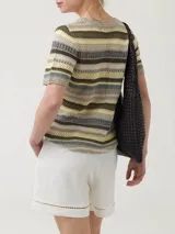 Remera de calado rayado con cuello redondo y manga corta. Confeccionada en algodón orgánico con lurex.