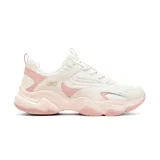 Championes deportivos Skechers modelo BOBS Sport Diego, con parte superior de malla y revestimientos de cuero sintético en tonos blanco y rosado. Presentan un diseño de suela gruesa tipo chunky, cierre de cordones y plantilla Memory Foam para mayor amortiguación.