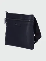 Bolso bandolera BOSS de piel sintética color negro, con correa ajustable y logo estampado en el frente.