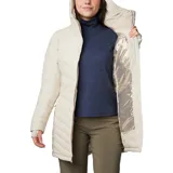Campera Columbia Joy Peak II Mid para mujer, color negro, con capucha y largo hasta la mitad del muslo. Cuenta con forro termorreflectivo Omni-Heat™ Infinity, tecnología Omni-Shield™ que repele la humedad y aislamiento Thermarator™ de poliéster reciclado.
