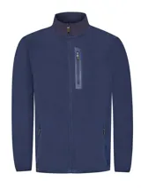 Campera polar azul con cuello alto y cierre completo. Cuenta con cinco bolsillos, tres exteriores con cierre y dos interiores.