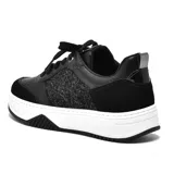 Zapatillas deportivas negras con detalles en glitter y logo blanco en el lateral.
